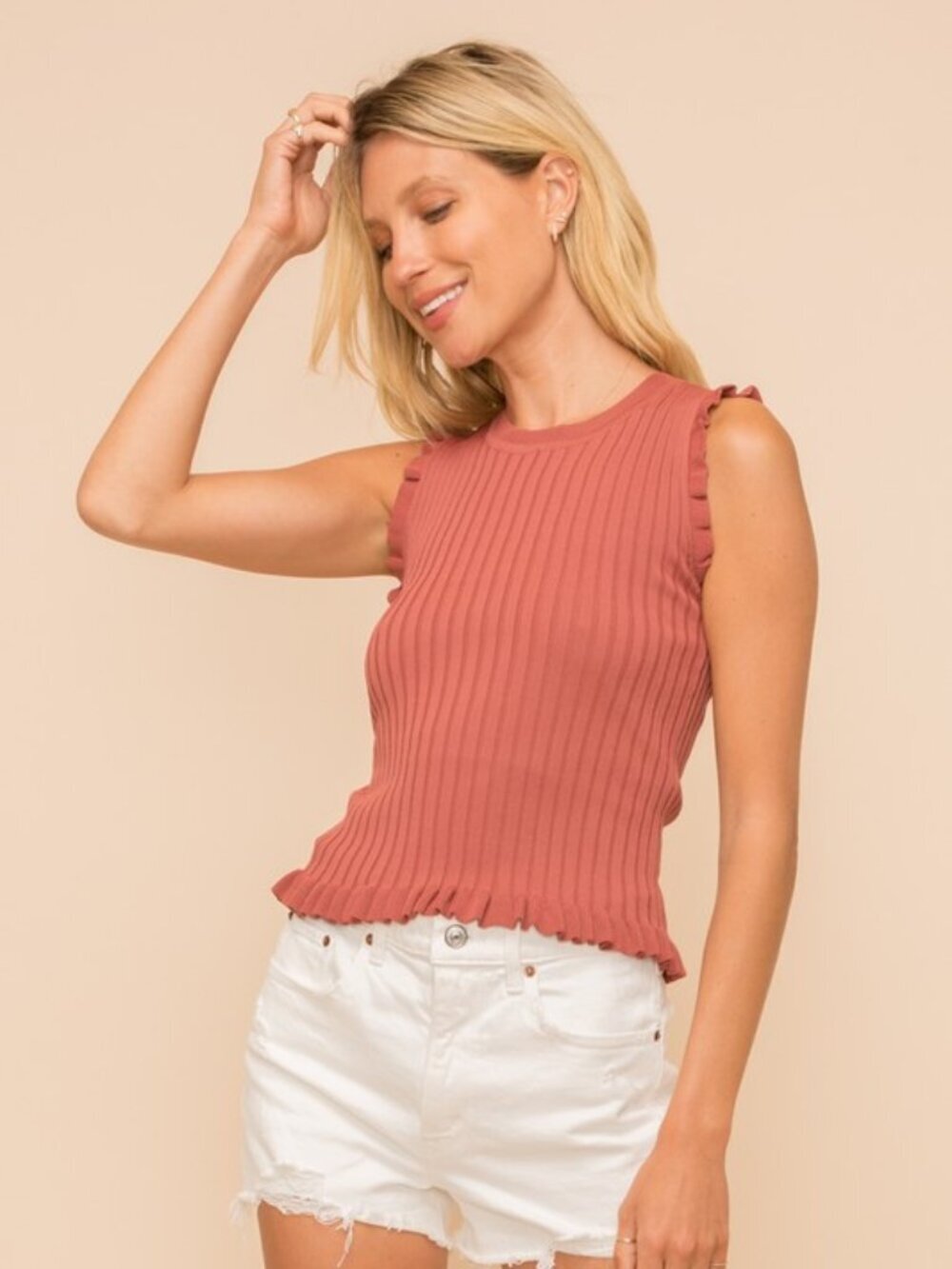 HEM & THREAD Terracotta Ruffle Sleeve Ribbed Knit Tank | Fitted Boutique Top